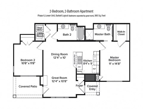 2-D floor plan of a 2-bedroom, 2-bathroom lower apartment in Phase II with bedrooms on either side of the great room, & private patio (980 square feet)
